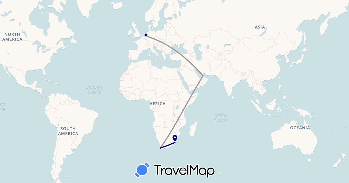 TravelMap itinerary: driving, plane in United Arab Emirates, Germany, Netherlands, South Africa (Africa, Asia, Europe)